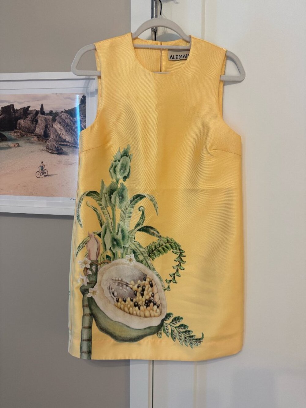 Alemais Sol Mini Dress Lemon Yellow Satin Papaya Print Shift AU 6 US 2